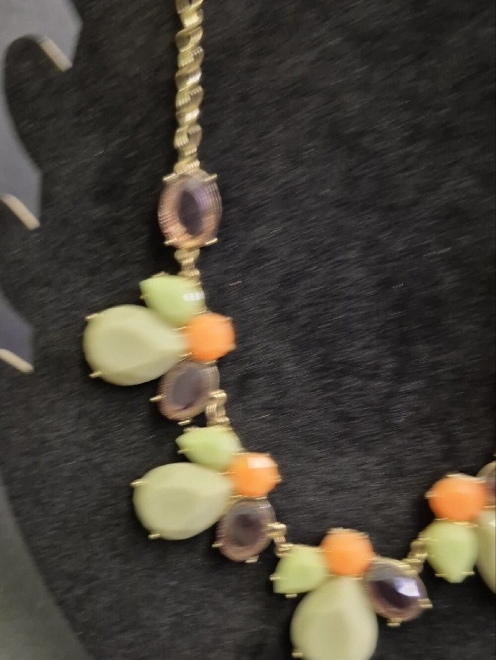 Gold Chain Statement Necklace with Green, Coral and Brown - Picture 3 of 6